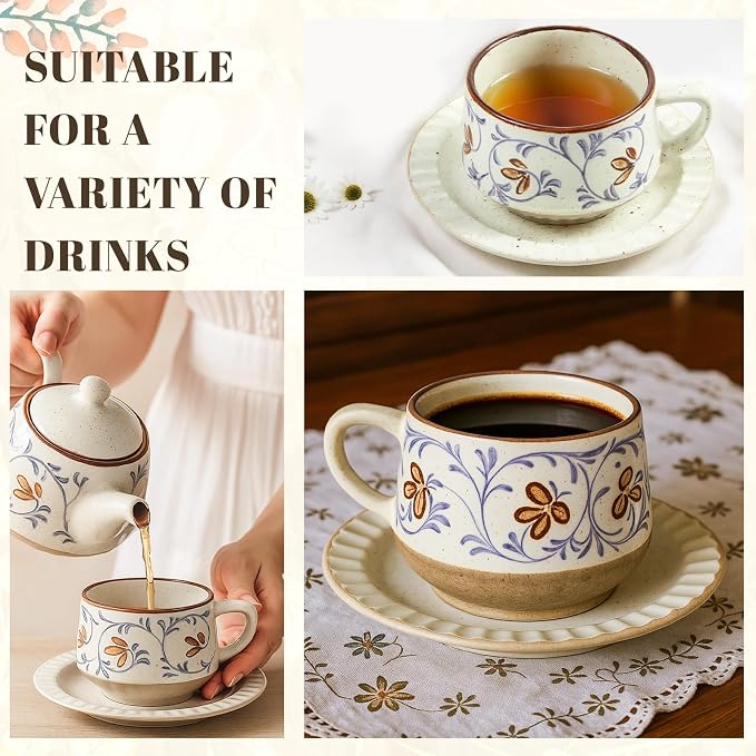 LemonRoad Vintage Tea Cup and Saucer Set, 10oz Porcelain Coffee Mugs with Saucer for Latte Mocha Cappuccino Ceramic Teacups for Housewarming Wedding Gifts Kitchen Table Decor
