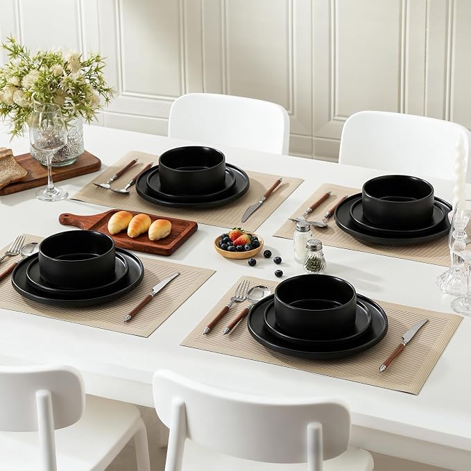 8 Inch Plates, Matte Black, Set of 4 | Matte Glaze Stoneware, Microwave Safe, Dishwasher Safe, For Salads & Desserts