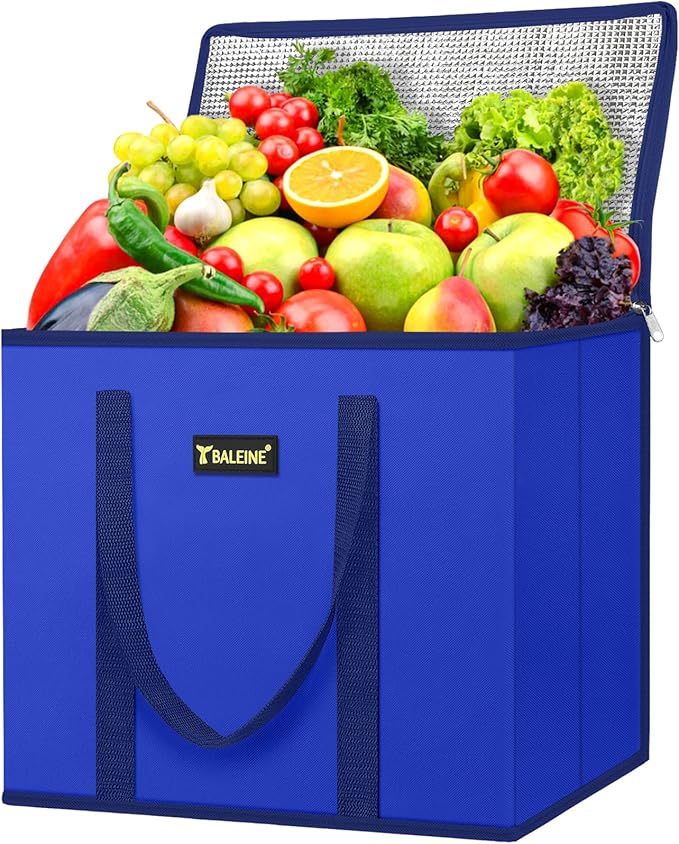 BALEINE 1Pk Insulated Reusable Grocery Bags, Foldable Shopping Bags for Groceries with Reinforced Bottom & Handles (Blue)