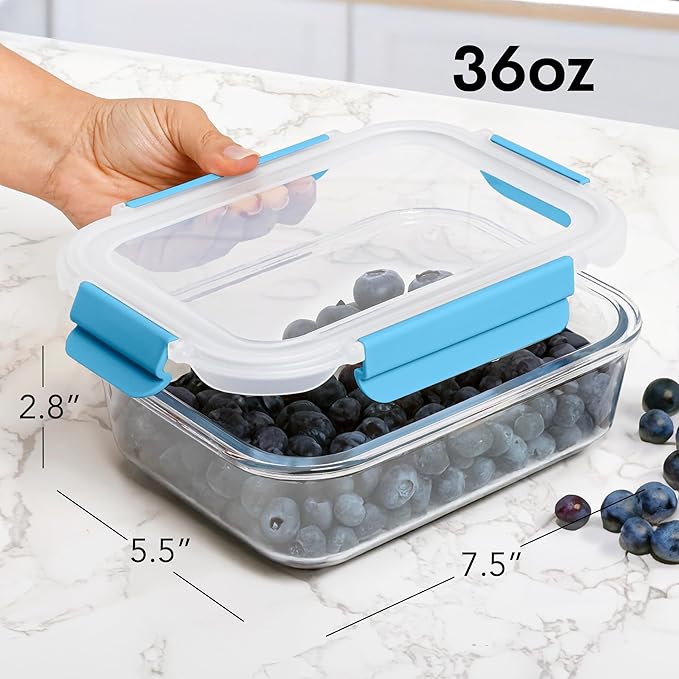 ECOBERI 4.5 Cup Glass Meal Prep Containers with Lids & Silicone Sleeves, 3-Pack Airtight, Leak-Resistant Food Storage Containers for Fridge, Freezer, Oven & Microwave