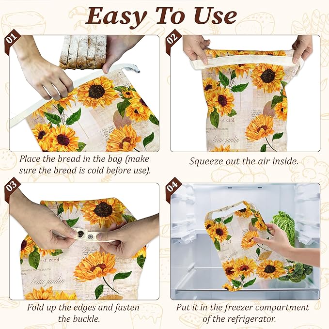 Bread Bags for Homemade Bread, Vintage Sunflower Yellow Flower 2 Pack Linen and Beeswax Sourdough Storage Bags, Reusable Keeper, Keeps Breads Fresh Longer, Gifts for Bakers