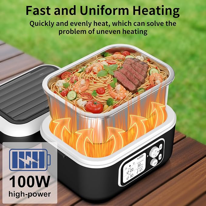 Cordless Electric Heated Lunch Box, 1.5L - 6.3 Cups 100W Rechargeable Smart Self-Heating Food Warmer with Removable Divider, Spoon, Fork, BPA Free, Portable Lunchbox for Car Travel Office Black