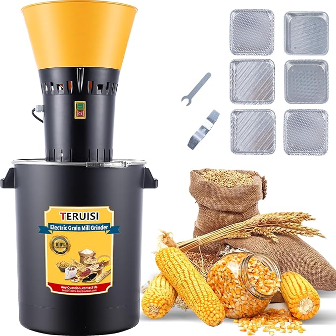 60L Grain Mill Grinder, 15.8 Gallons Electric Grain Mill Corn Grinder, 1500W Dust-Free Dry Cereals Grinders with Detachable Hopper & 6 Size Sieves for Farm Home Wheat Spice Rice Feed Flour