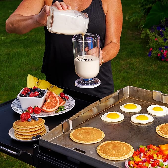 RAZOR 4 Piece Breakfast Kit for Griddle- Pancake Batter Dispenser, 2 Silicone Egg Rings, and Cast Iron Griddle Press