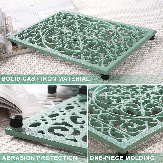 Notakia 9.6 x 6.3 Inch Cast Iron Trivet Set, Large Metal Trivets for Hot Dishes Pots Pans Decorative Kitchen Trivets, Heat-Resistant Trivet Mats for Quartz Countertops, Green Kitchen Accessories