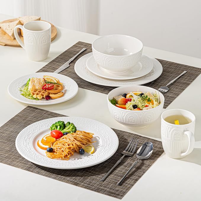 12-Piece Ceramic Dinnerware Set for 4, Athens Palace Relief Dishes and Plates Sets, Includes Plates and Bowls, Elegant High-Temperature Reinforced Porcelain, White