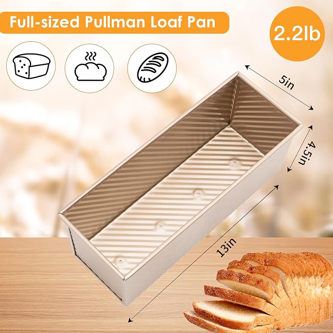 2-pack 2.2lb Aluminized Steel Gold Pullman Loaf Pan with Lid, Premium Non-Stick Coating Bread Pan, PFTE and PFOA-Free, Safe and Healthy Baking for Homemade Bread with Family-sized Recipes