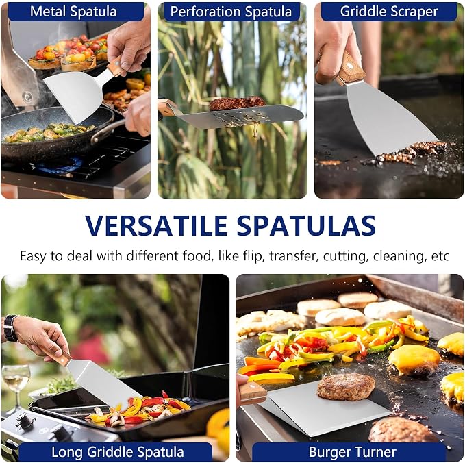 Joyfair 18Pcs Griddle Accessories Kit for Blackstone, (Wooden Handles) | Flattop Grilling Accessory Set With Smash Burger Press, Stainless Steel Spatula Tool, Basting Cover For Outdoor BBQ Cooking
