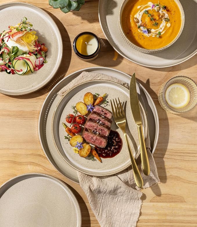 GBHOME Stoneware Dinnerware Sets for 4, 12 Pieces Lightweight Ceramic Ribbed Plates and Bowls Set, Reactive Glaze Stackable Plate Sets, Scratch Resistant Dishes, Microwave & Dishwasher Safe,Cappuccino