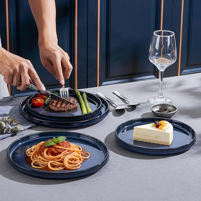 LIANYU Dinnerware Sets with Pasta Bowls for 4, 16 Piece Dishes Plates and Bowls Set, Microwave & Dishwasher Safe Ceramic Stoneware, Scratch Resistance Dinner Salad Plates, Twilight Blue