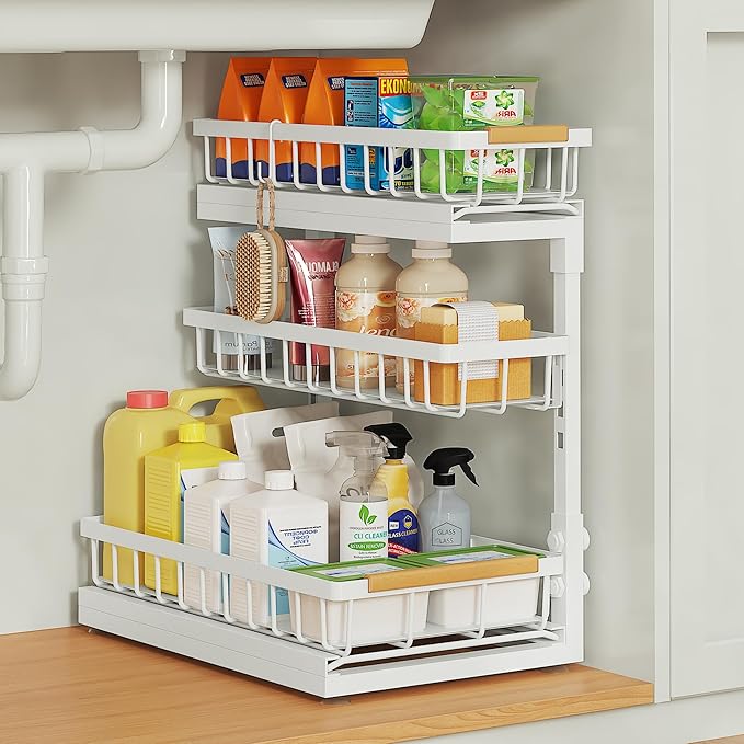 Under Sink Organizer and Storage for Bathroom and Kitchen - 1 Pack 3 Tier Under Cabinet Pull Out Shelf Organizers - Slide Out Drawer Organization for Home Cabinets Shelves and Drawers
