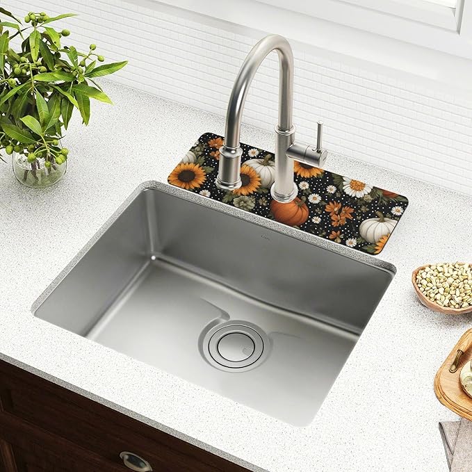Kitchen Sink Splash Guard 2 PCS 30 Inch Sink Faucet Mat Splash Guard for Bathroom Countertop Water Absorbent Foldable Cuttable Soft Washable Black Dotty Pumpkins Sunflowers Daisy