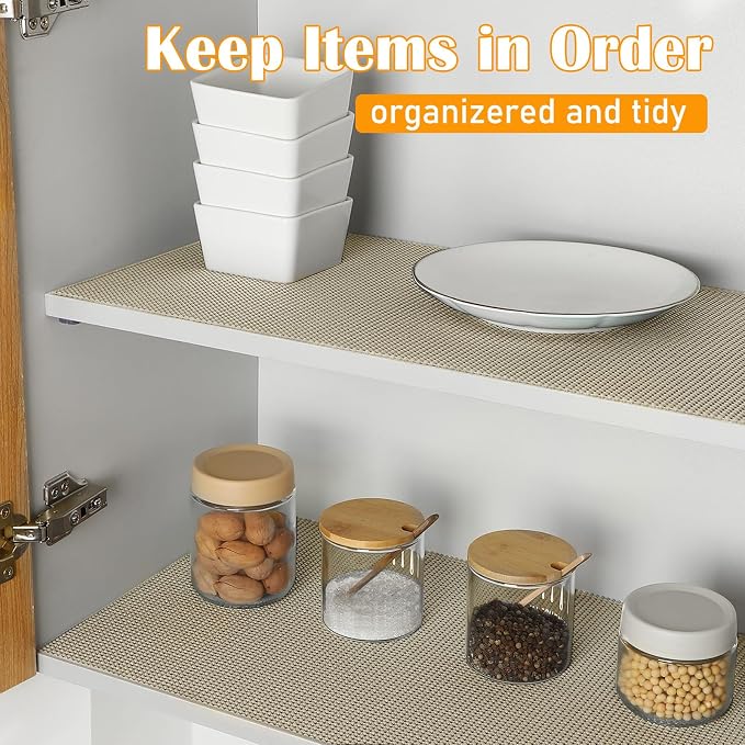 Songrey Non-Adhesive Drawer and Shelf Liner, Non Slip Cabinet Liners, Protect Kitchen Cupboard, Bathroom Drawers, Breathable, Thick Strong Grip mat (20IN x 10FT, Beige)