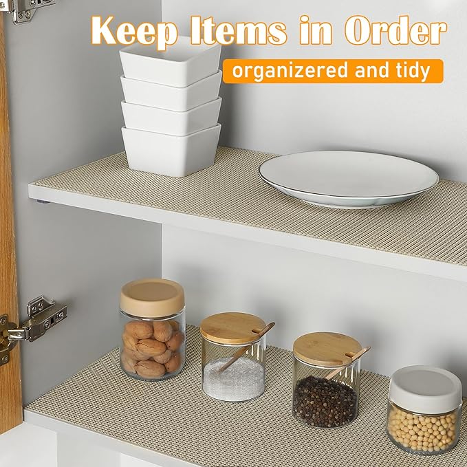 Songrey Non-Adhesive Drawer and Shelf Liner, Non Slip Cabinet Liners, Protect Kitchen Cupboard, Bathroom Drawers, Breathable, Thick Strong Grip mat (20IN x 20FT, Beige)
