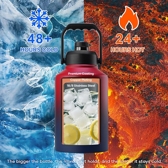 BUZIO One Gallon Water Bottle Insulated, (Cold for 48 Hrs) 128oz Water Jug Large Stainless Steel, 3.58in Big Wide Mouth Leak Proof Metal Flask with Carrying Sleeve for Camping,Gym,Travel, Black Red