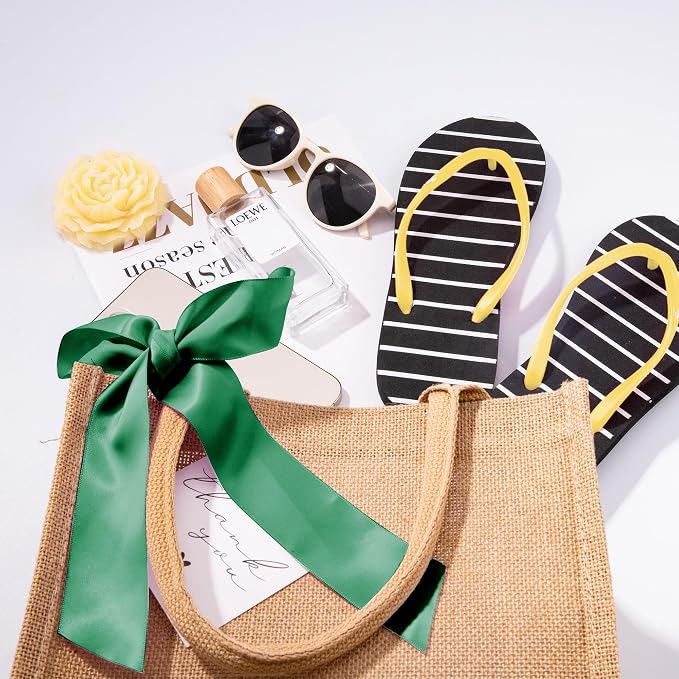 6 Pack Burlap Tote Bags with Handles Reusable Small Jute Gift Bags with Dark Green Silk Ribbons Waterproof Lining for Wedding Bridesmaid Mother's Day Bachelorette Beach Party