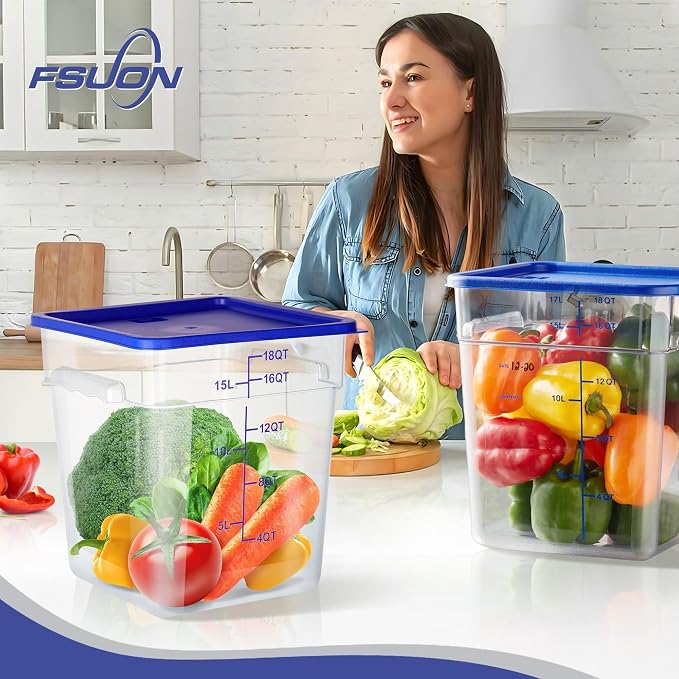 4 Pack 18 Qt Square Polycarbonate Food Storage Containers with Lids | Clear BPA-free PC with lids, side handles, measurement scale and stackable design; for food prep, storage and freezer use.