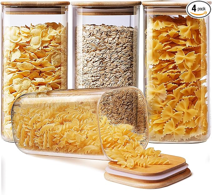 HomArtist Square Glass Jars with Bamboo Lids 53 FL OZ [Set of 4], Glass Canisters with Airtight Lid, Glass Food Storage Containers for Pasta, Cereal, Coffee, Flour, Sugar, Best for Kitchen & Pantry