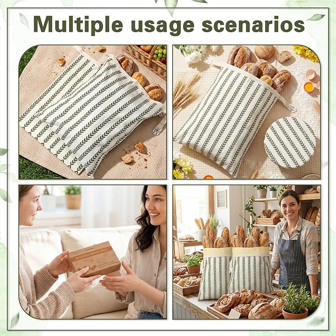 Reusable Beeswax Bread Bags for Homemade Bread Sourdough (2 Pcs 13x17in Bags + 10in Bowl Cover) Floral Cotton 100% Natural Beeswax Coating, Plastic-free Food Storage Wrap(Green Leaf)