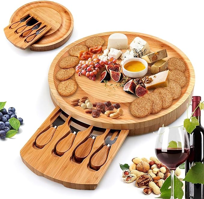 Bamboo Cheese Board Set with Cutlery, Foldable Charcuterie Board with Ceramic Bowls and Knife Set, Portable Serving Tray for Cheese, Steak, Pizza (Round with Knife and Fork)