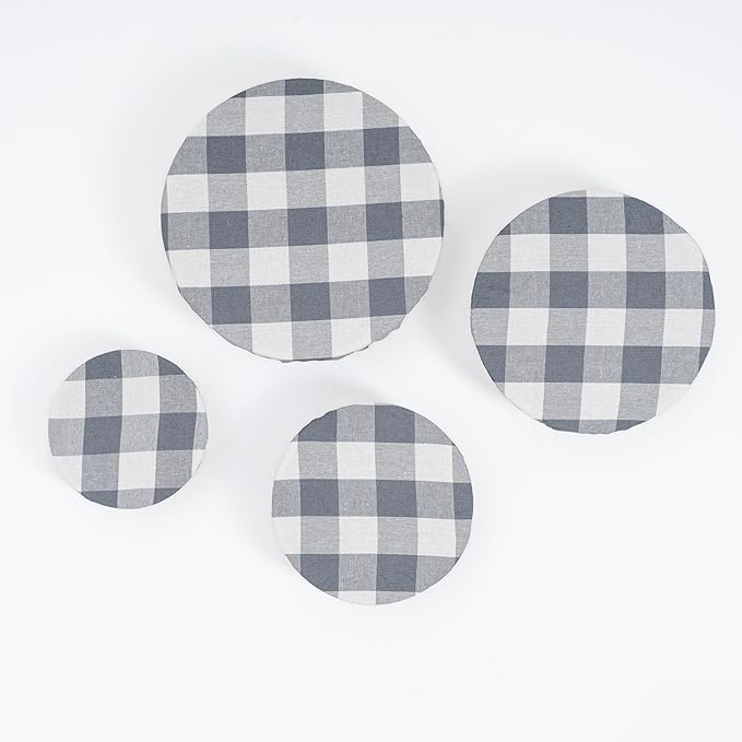 Reusable Cloth Bowl Covers - 100% Cotton Fabric Bowl Covers Set with Elastic to Cover Fruits, Vegetables and Regulate Moisture - Perfect for Salads, Bread & Leftovers (Gray Plaid, 1XL, 1L, 1M, 1S)