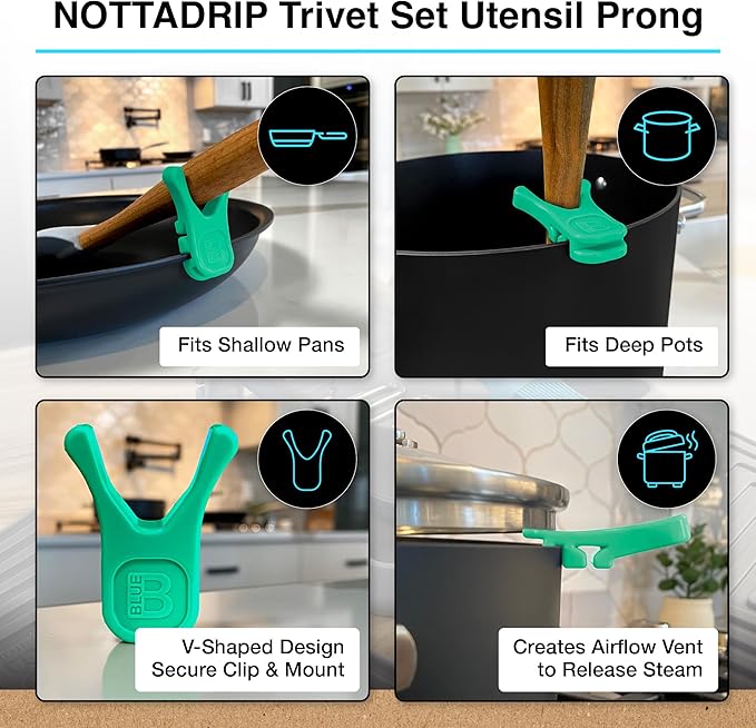 Nottadrip Silicone Spoon Rest for Stove Top - Kitchen Spoon Rest for Countertop, Ladle Holder, All in 1 Serving Station, Elevate Handles, Drip to Tray, Mess Free - 5PC Trivet Set - Mint