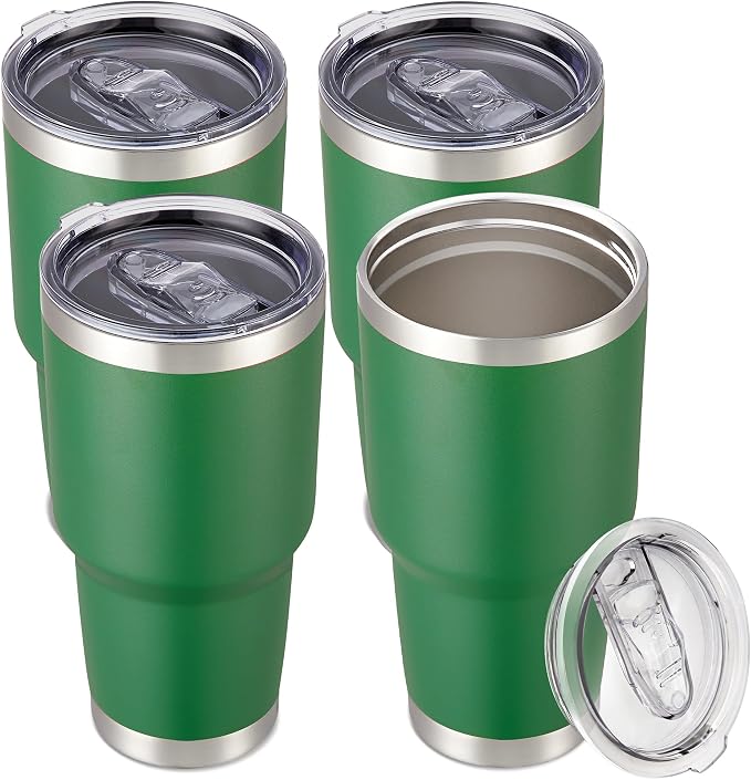 30 oz Tumbler with Lid Stainless Steel Tumblers Bulk Vacuum Insulated Cup Reusable Powder Coated Travel Mug Double Wall Leak Proof Cups Keep Cold Drinks for 12 Hours Dark Green, Set of 4