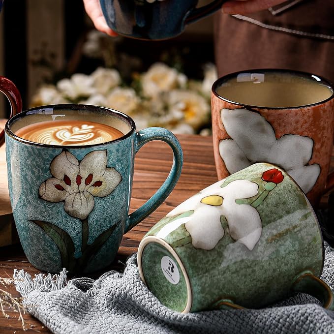 Maxdot 2 Pcs 12oz Ceramic Coffee Mugs Sets Glazing Process Cappuccino Mug Floral Ceramic Tea Cups Idea Gift Set for Women Porcelain Cup for Coffee, Cocoa, Tea, Latte (Retro) (Fresh)