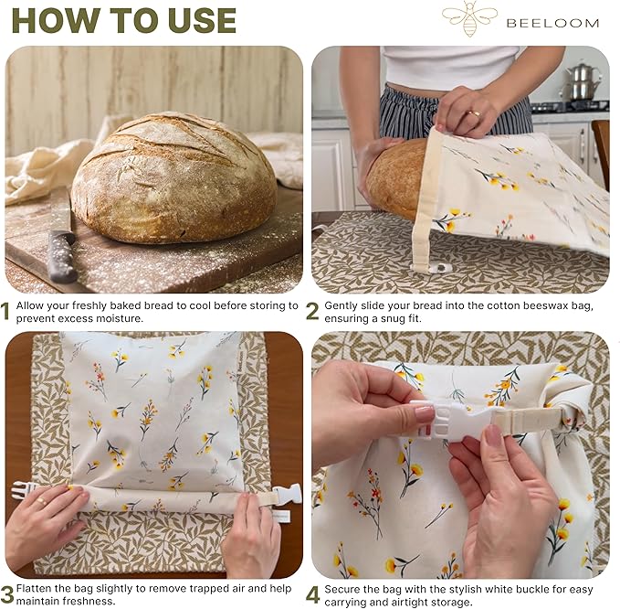 Bread Bags XL (Set of 2) – Reusable Beeswax Bread Bag for Homemade & Sourdough Bread – 100% Cotton with Beeswax Lining – Eco-Friendly Bread Storage Bag – Keeps Bread Fresh Longer