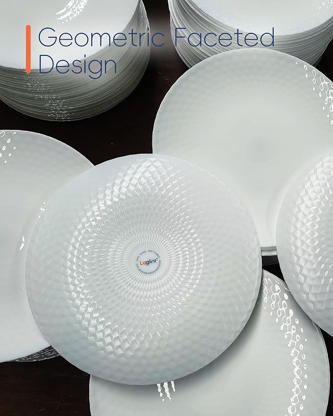 LaGlint Dinnerware Sets for 4, Light & Durable 12 Pieces Opal Glass Plates and Bowls Set, Dishwasher and Microwave Safe Dish Dinning Ware, Thin but Strong Geometric Faceted White
