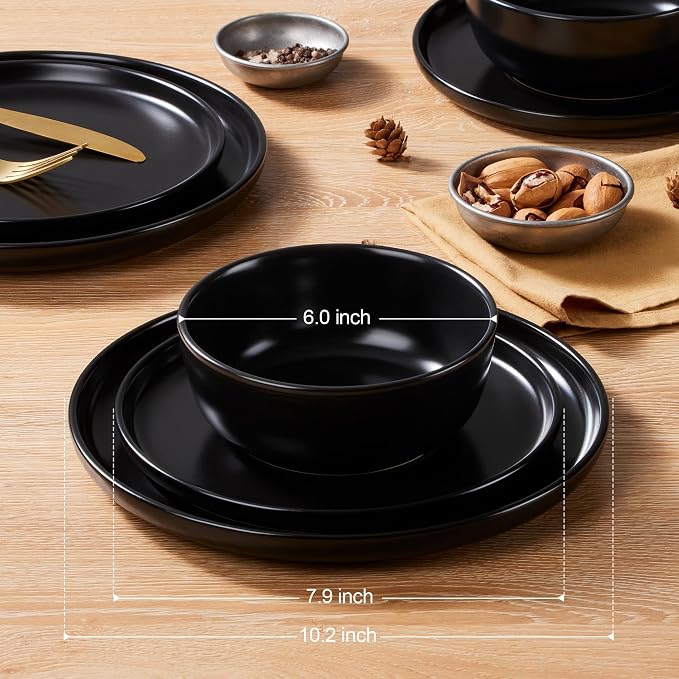LIANYU Dinnerware Plates and Bowls, 24 Piece Stoneware Ceramic Dishes Set for 8, Dishwasher and Microwave Safe Dinning Ware Set, Dinner Salad Plates and Cereal Bowls, Scratch Resistant, Black Onyx