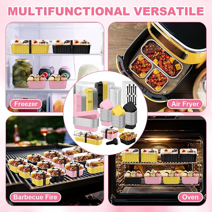 LemonRoad 120 Sets Mini Loaf Pan with Lids and Spoons 6.8oz Rectangular Aluminum Foil Bread Pan 5oz Square Cake Cup with Decal Disposable Baking Supply for Graduate Wedding Birthday (Pink,Gold,Black)