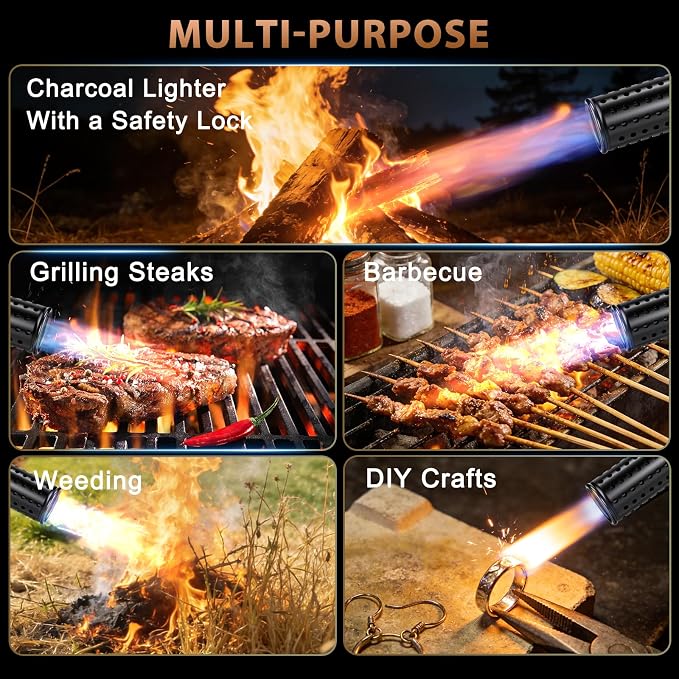 Propane Torch with Adjustable Flame, Powerful Kitchen Torch Gun with Safety Lock & Cooling Vents, Blow Torch Flamethrower for Grill, Sous Vide, BBQ, Charcoal Lighter (Tank Not Included)