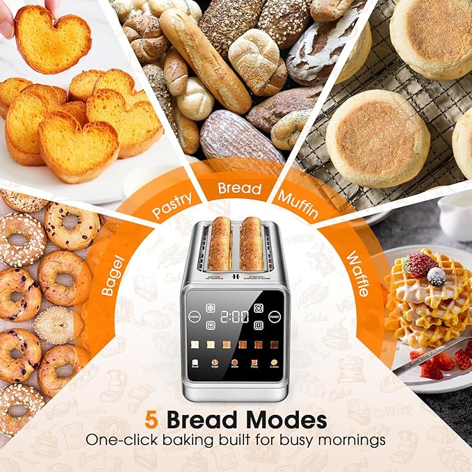 4 Slice Long Slot Toaster with Digital Touchscreen, 6 Shade Settings with Countdown Timer, Wide 1.5" Slots for Thick Bread & Bagels, Defrost, Reheat & Single-Slice Modes for Family Breakfast