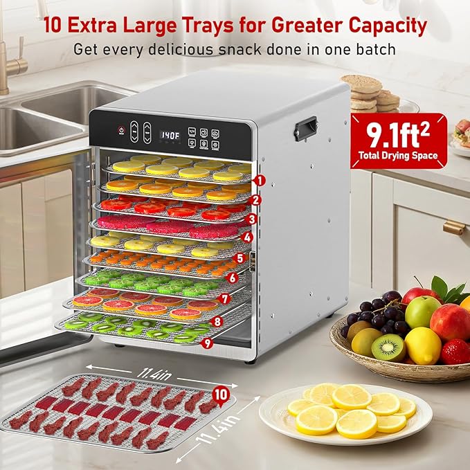 Commercial Food Dehydrator 10 Trays, 9.1ft² Large Capacity Food Dryer Machine for Jerky, 800W Food Dryer with 194°F Temp & 24H Time Control for Herbs, Fruit, Meat, Yogurt