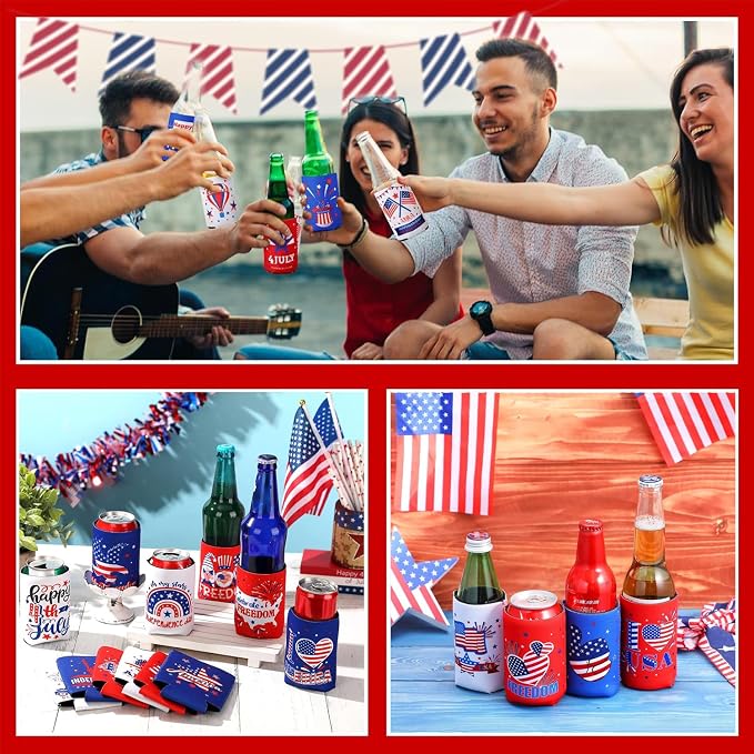 【16 PCS】 4th of July Can Holder in Bulk 4th of July Decorations Outdoor Can Cooler 4th of July Accessories Party Favors Patriotic Party Supplies Fourth of July Independence Day Accessories