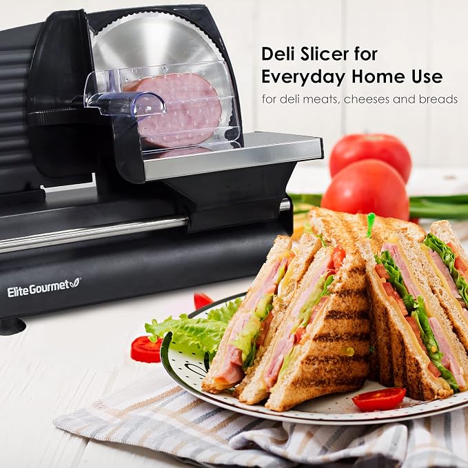 Elite Gourmet EMT-625B Ultimate Precision Electric Deli Food Meat Slicer Removable Stainless Steel Blade, Adjustable Thickness, Ideal for Cold Cuts, Hard Cheese, Vegetables & Bread, 7.5”, Black