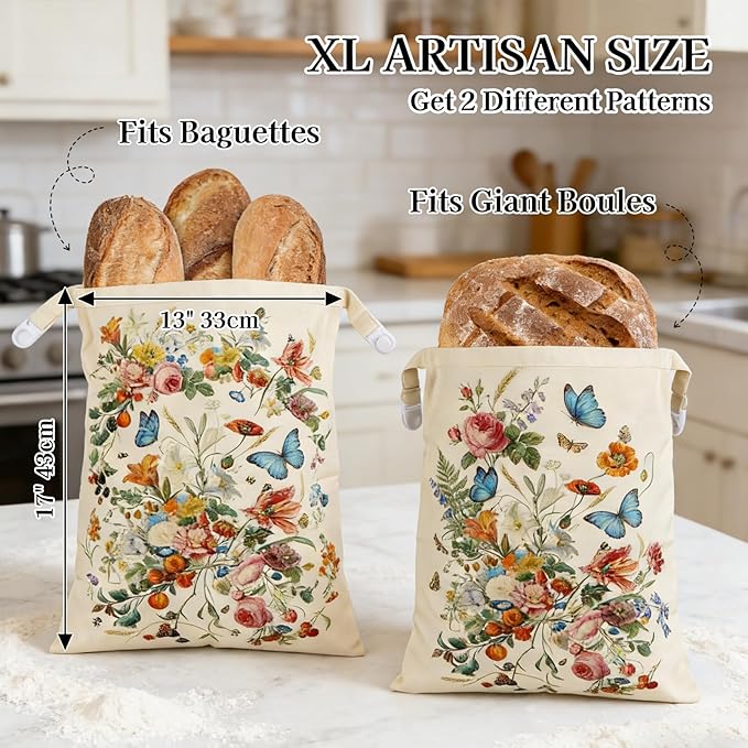 2 Pack Beeswax Bread Bags for Sourdough and Homemade Bread, XL 17x13in Reusable Cotton Storage Bags, Botanical Print Double-Layer with Beeswax Lining, Easy to Clean Artisan Bread Keeper | Keeps loaves soft, Protects fresh bake, Flexible usage, Secure b...