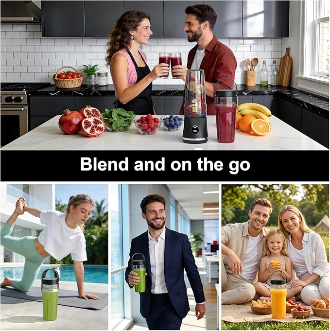 Portable Blender for Smoothies & Shakes, 17oz Personal Blender with 6 Stainless Steel Blades, USB-C Rechargeable, LED Display, Compact Travel Juicer with Extra Lid for Gym, Office & On-the-Go, Black
