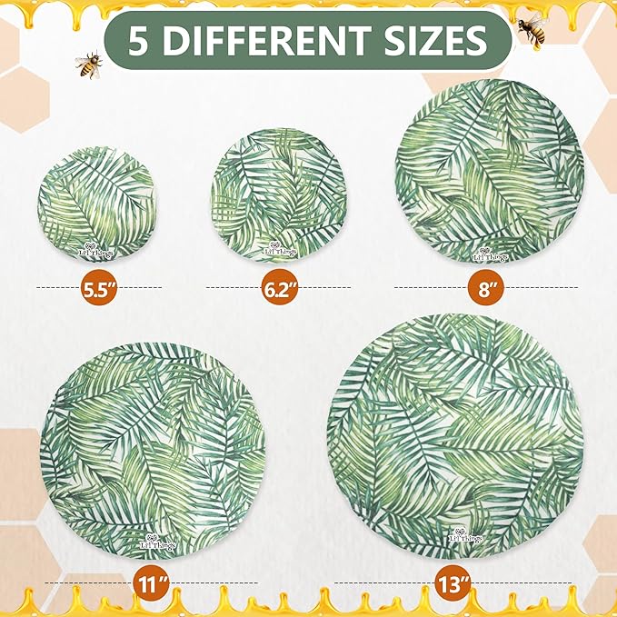 Beeswax Bowl Covers Set of 5 (XS–XL) – Reusable Elastic Food Covers for Bowls – Organic Cotton with Beeswax, Washable & Plastic-Free | Li’l Things – Palm Leaves