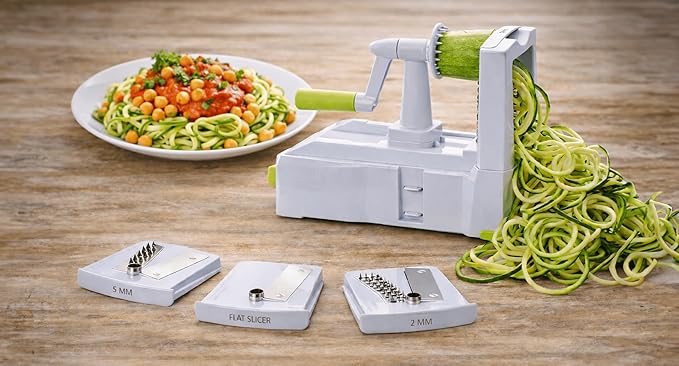 Brieftons 5-Blade Vegetable Spiralizer: Best Zucchini Spiral Slicer & Veggie Noodle Maker, Japanese Steel Blades, Strong Suction Cup, Blade Caddy, 4 Recipe eBooks | Low Carb, Vegan, Paleo, Gluten-Free