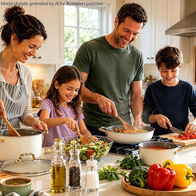 7-Piece White Ceramic Nonstick Cookware Set, Pots and Pans | 4 pots, 3 clear lids; stay-cool grips; 100% PFAS-free; 480°F oven & dishwasher safe; heavy daily family cooking routines