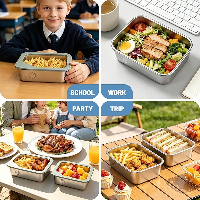 3PCS Stainless Steel Food Storage Containers with Glass Lids, 22/40/ 74oz Airtight Leak Proof Meal Prep Lunch Containers for Kitchen Storage, Microwave, Freezer, Dishwash Safe