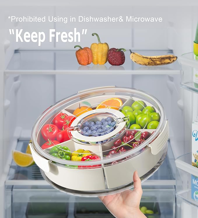 Divided Rotating Serving Tray with Lid and Handle, Portable Snackle Box for Fruits Snacks Veggie Charcuterie, Clear Lazy Susan Organizer and Fridge Storage Container for Adults Child (2PCS,12" L