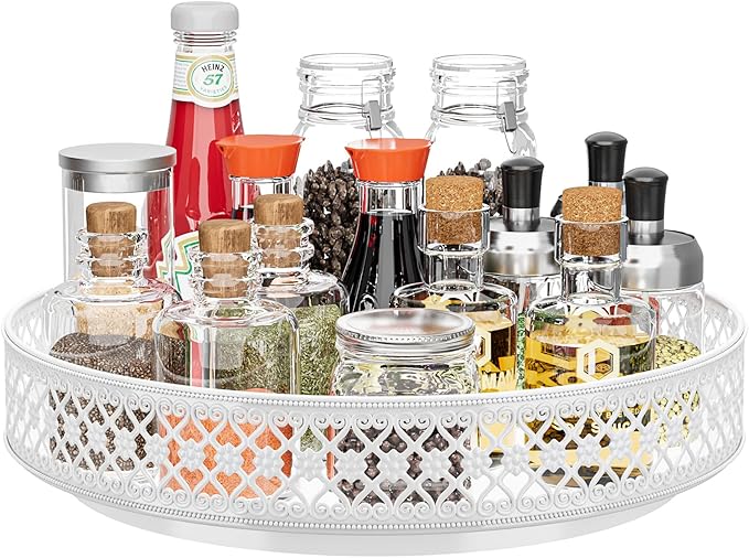 Ovicar Lazy Susan Turntable Organizer - 13 inch Rotating Spice Rack Metal Lazy Susan for Cabinet Pantry Kitchen Countertop Dining Table Cupboard Bathroom Vanity Refrigerator White