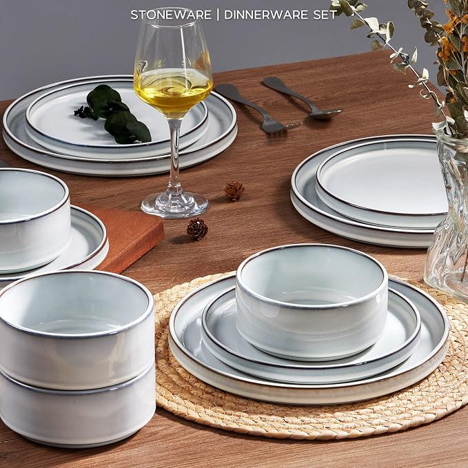Onader Ceramic Dinnerware Sets for 6, Stoneware Plates and Bowls with Rustic Terracotta Bottom, Elegant Kitchen Dinner Dish Set, 18-Piece Dishware Tableware - Glacier White