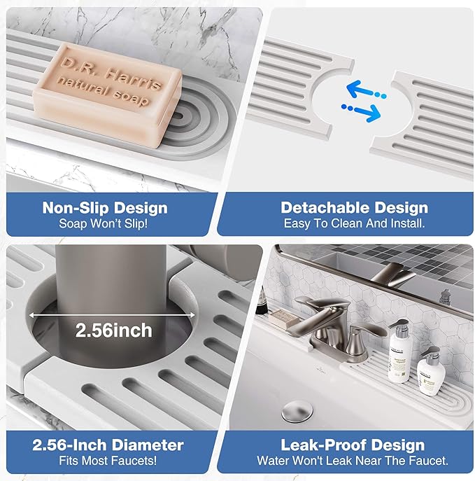 DK177 Faucet Mat for Kitchen Sink - Water Absorbing Stone Tray for Sink, Diatomite Fast-Drying Faucet Mat, Faucet Splash Guard for Bathroom Counter (White, 30" x 4")