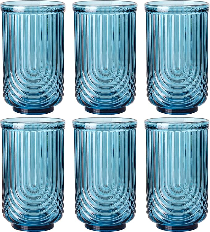 JOVGANK Blue Vintage Glassware Set of 6-17Oz Blue Water Drinking Glass, Art Deco Ripple Highball Glass, Whiskey Cocktail Glasses, for Bar Ice Coffee Juice, Housewarming Gifts and Mother's Day Gift