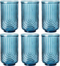 JOVGANK Blue Vintage Glassware Set of 6-17Oz Blue Water Drinking Glass, Art Deco Ripple Highball Glass, Whiskey Cocktail Glasses, for Bar Ice Coffee Juice, Housewarming Gifts and Mother's Day Gift