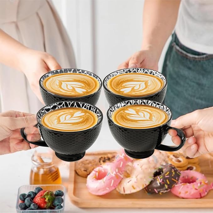 LEHAHA Coffee Mugs Set of 6, 14 Ounces footed Ceramic Mugs, Porcelain Black Coffee cups with handle for men women for Coffee, Tea, Cappuccino, Cocoa, Cereal, Black